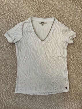 Garcia White Short Sleeve V-Neck T-Shirt Metallic Trim XS Viscose Casual Basics